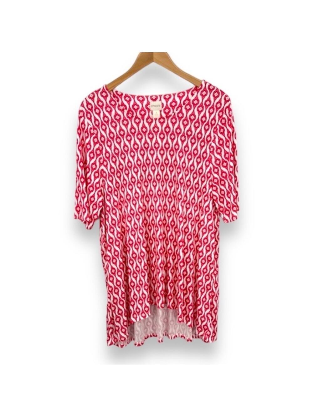 Chico’s blouse XL red white geometric print high low hem short sleeve tunic top